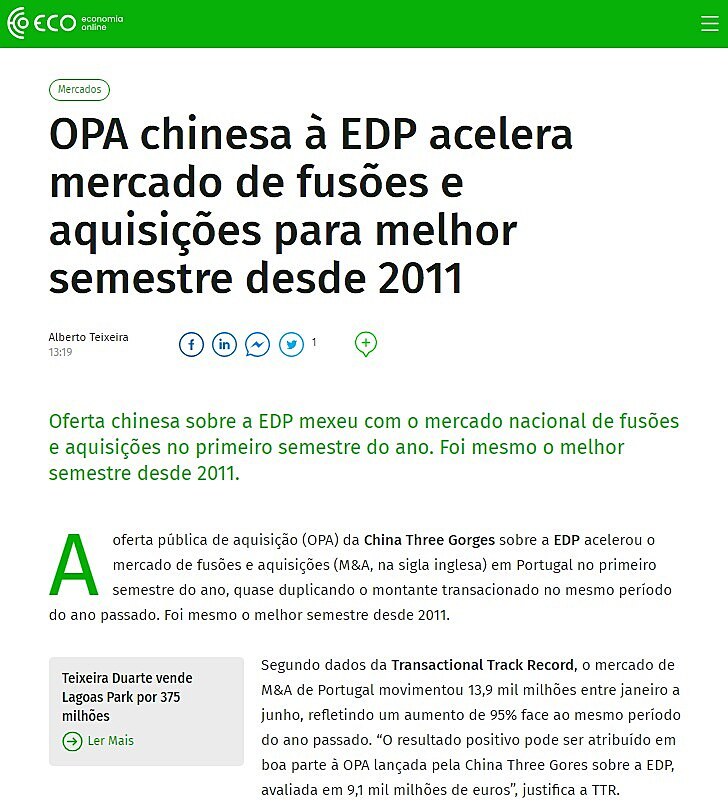 OPA chinesa  EDP acelera mercado de fuses e aquisies para melhor semestre desde 2011